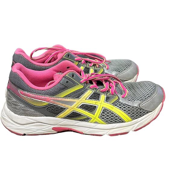 ASICS t5f9n running shoe pink grey yellow size 6.5 reflective strips - Picture 2 of 6